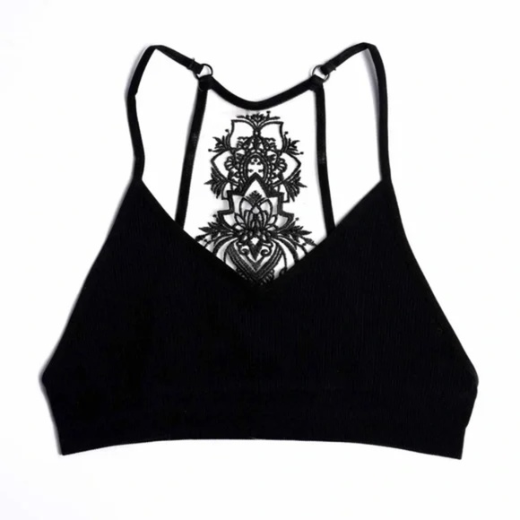 Black Boho Floral Lace Mesh Racerback Bralette - Picture 3 of 4